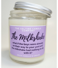 Load image into Gallery viewer, There is a purple candle called The Milkshake Candle. The description says what if the boys were already on their way to your yard and the milkshake had nothing to do with it? The scent is rich vanilla and cream.