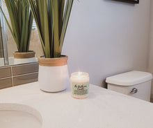 Load image into Gallery viewer, The Bathroom Candle is lit and burning in a nice looking bathroom. There is a green plant on the white marble countertop behind it, and a toilet beside it. The Bathroom Candle is a funny bathroom candle.