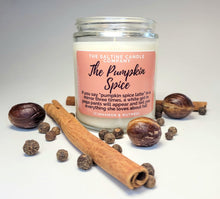 Load image into Gallery viewer, A candle called The Pumpkin Spice is on a white background and surrounded by real cinnamon and nutmeg
